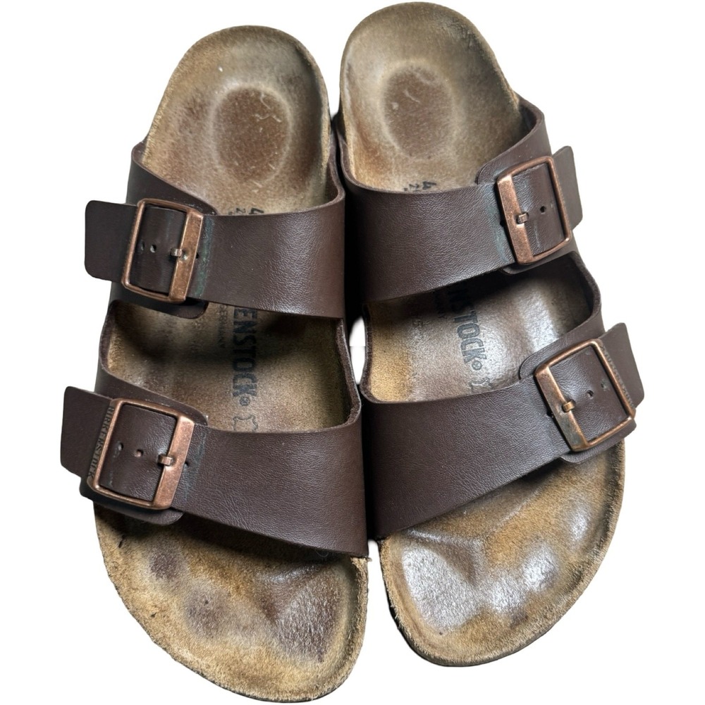 Birkenstock Arizona Sandals Mens 43 Brown Good Birko-Flor Two Strap Slides